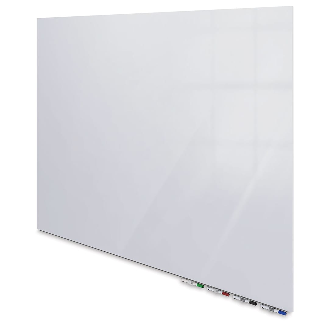 Open in modal - Ghent Aria Magnetic Glassboards - right angled view of white glassboard showing marker tray 