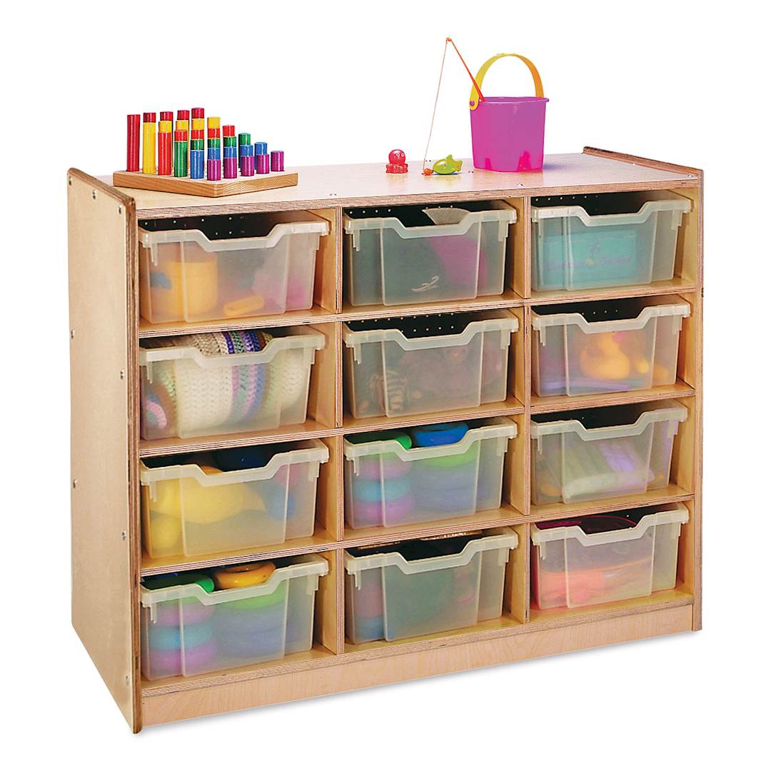 Open in modal - Clear Tray Storage Cabinets - 3 Tier cabinet with 12 deep trays filled with supplies
