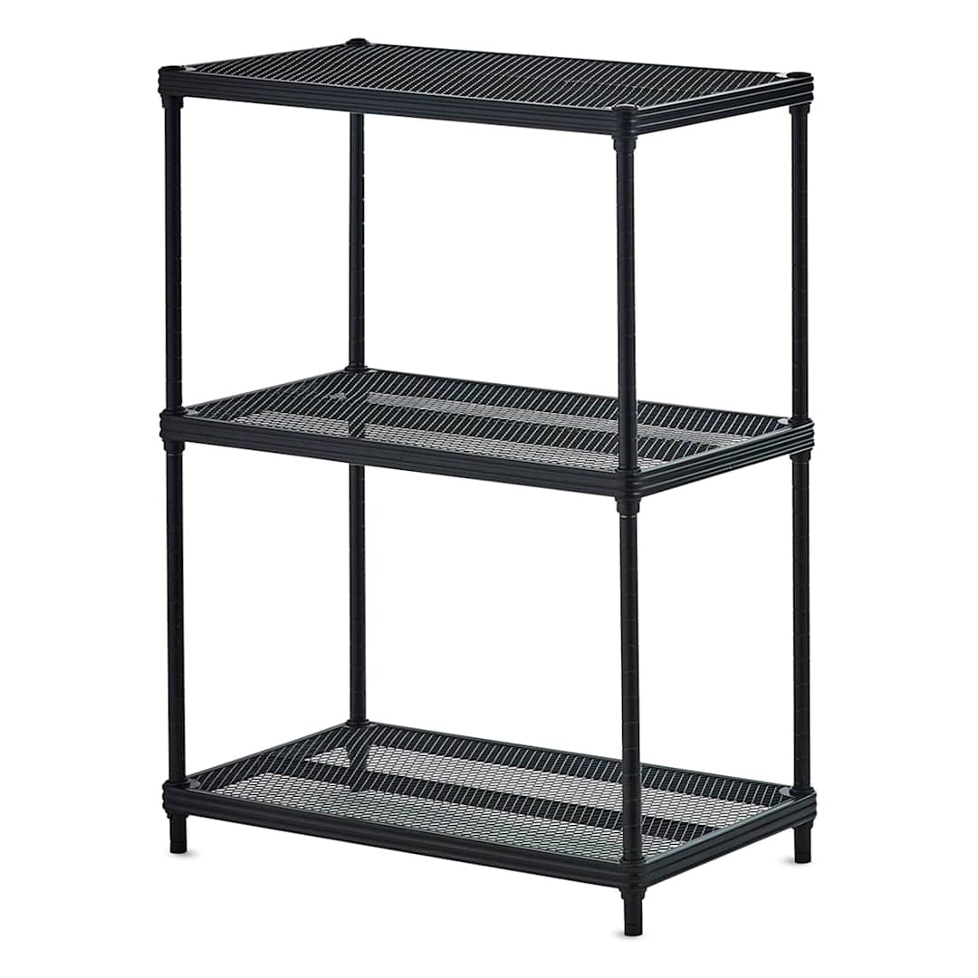 Open in modal - Design Ideas MeshWorks Shelving Units - Angled view of 3 shelf black unit