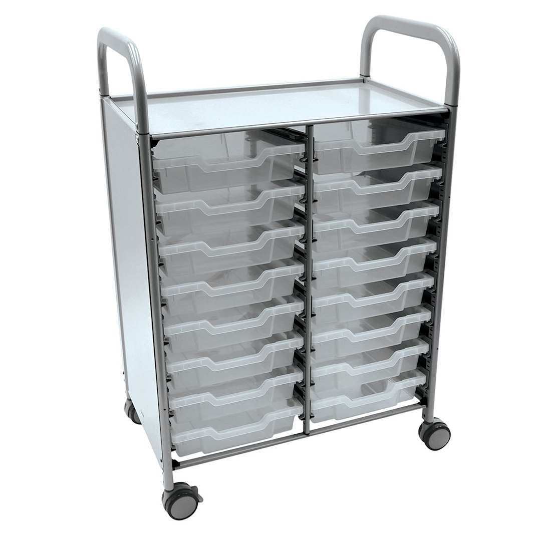Open in modal - Gratnells Callero Storage Cart - Angled view of cart with 16 shallow gray trays