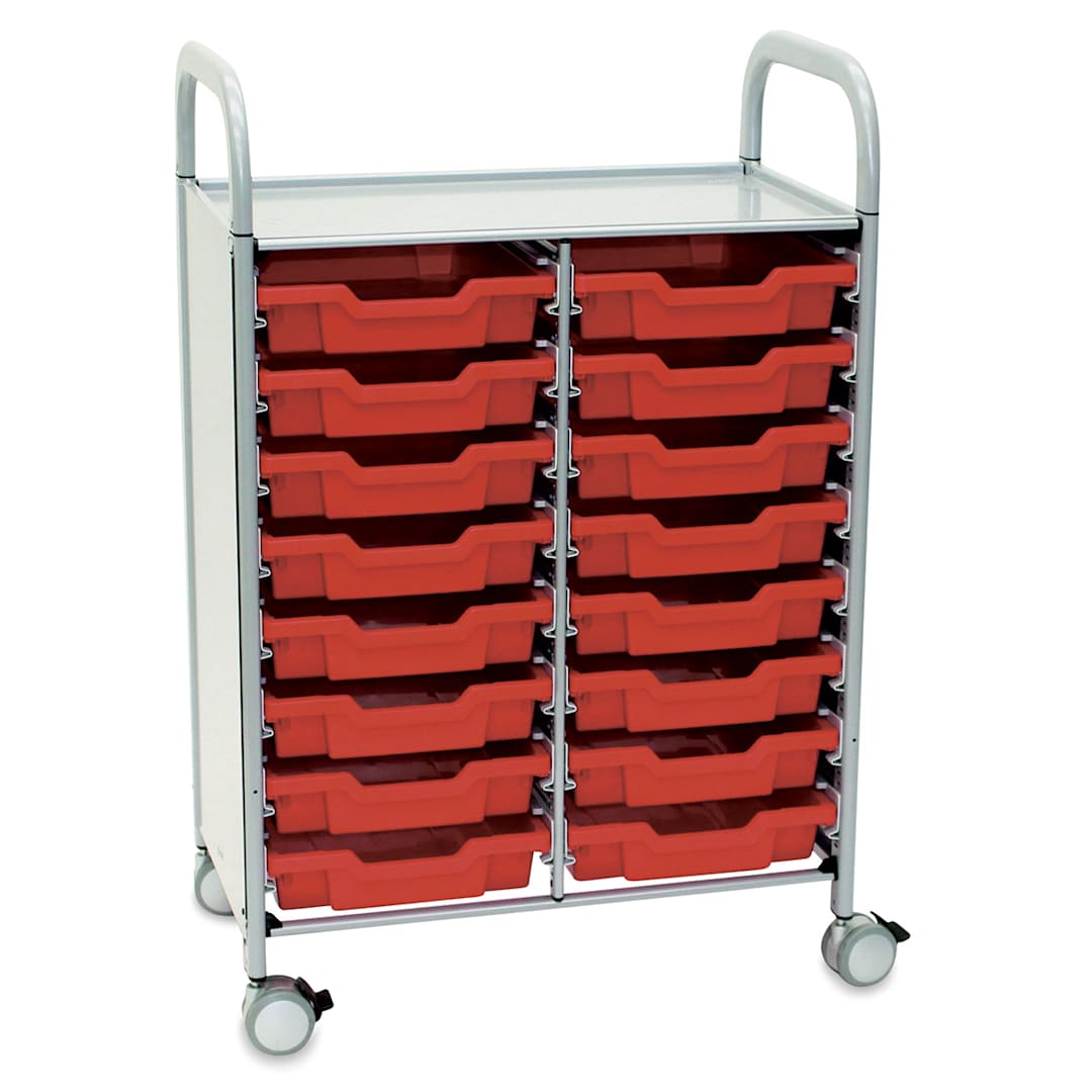 Open in modal - Gratnells Callero Storage Cart - - Flame Red - Angled view of cart with 16 shallow red trays
