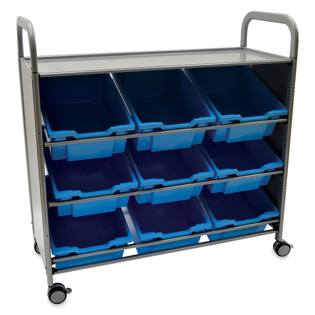 Open in modal - Gratnells Callero Plus Tilted Tray Cart - Angled view of Cart with 9 Blue Trays