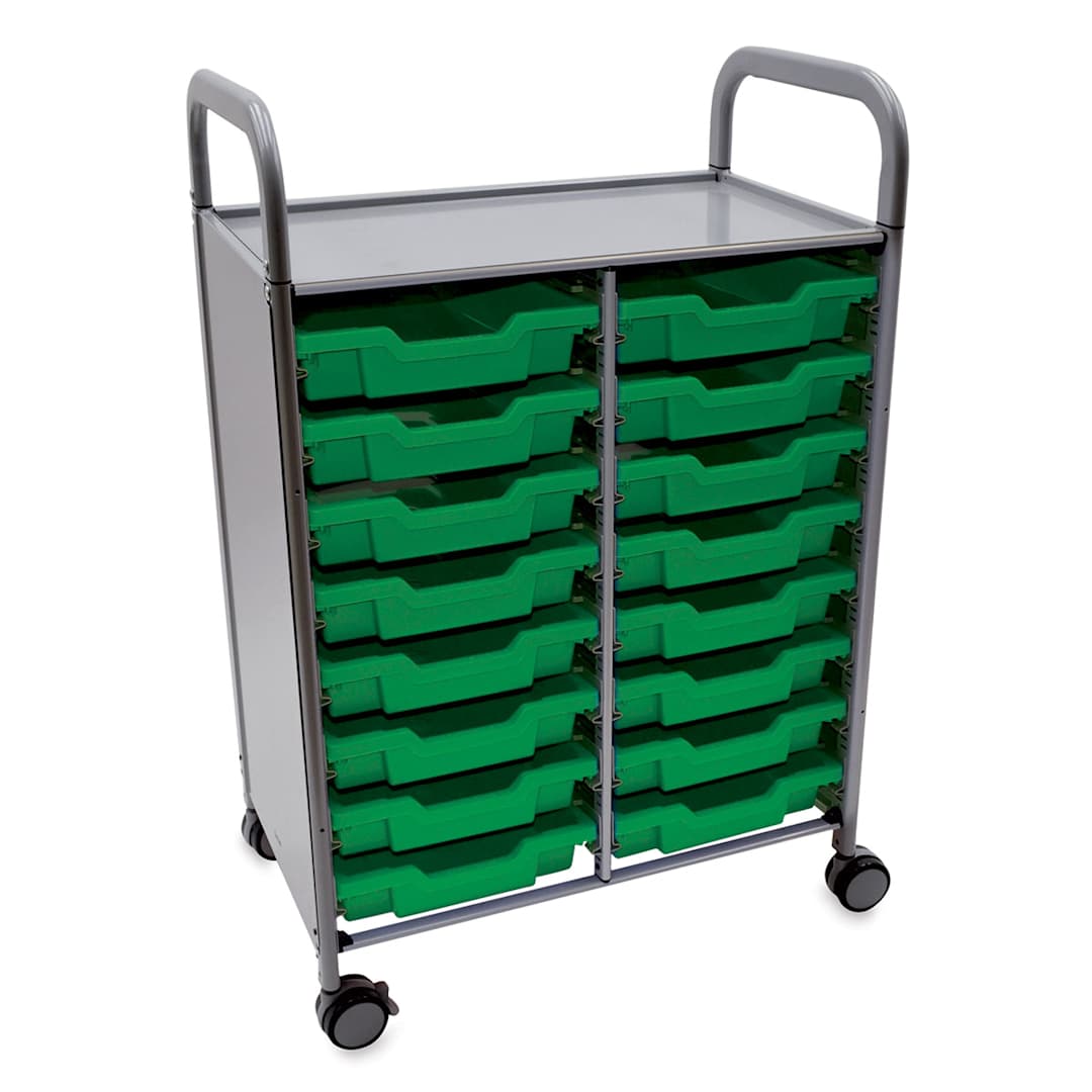 Open in modal - Gratnells Callero Storage Cart - Angled view of cart with 16 shallow green trays