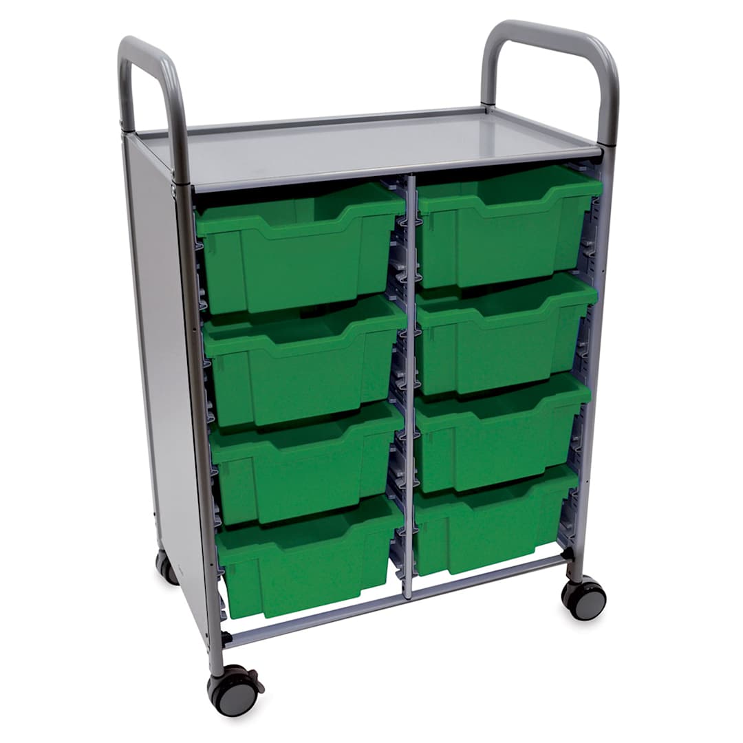 Open in modal - Gratnells Callero Storage Cart - Angled view of Green Cart with 8 Deep Trays

