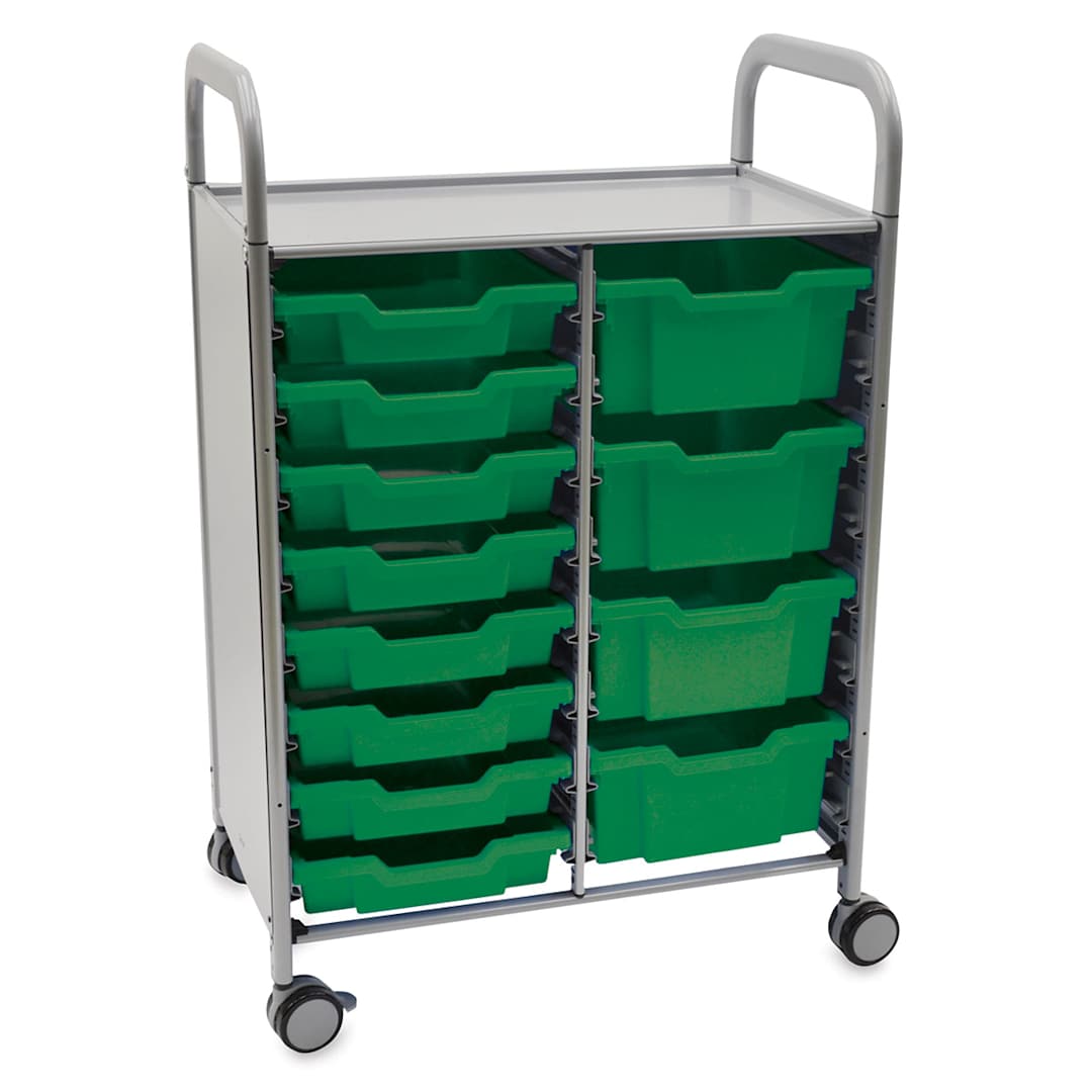 Open in modal - Gratnells Callero Plus Cart - Angled view of cart with 8 Green shallow trays and 4 Green deep trays
