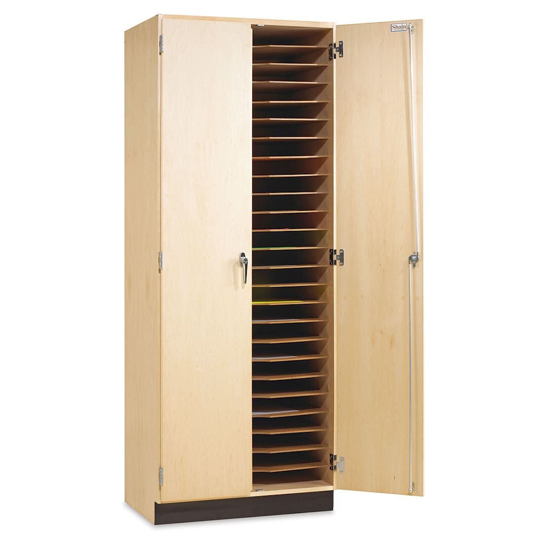 Open in modal - Paper/Drawing Board Storage Cabinet - Left Angle view with one door open showing paper slots
