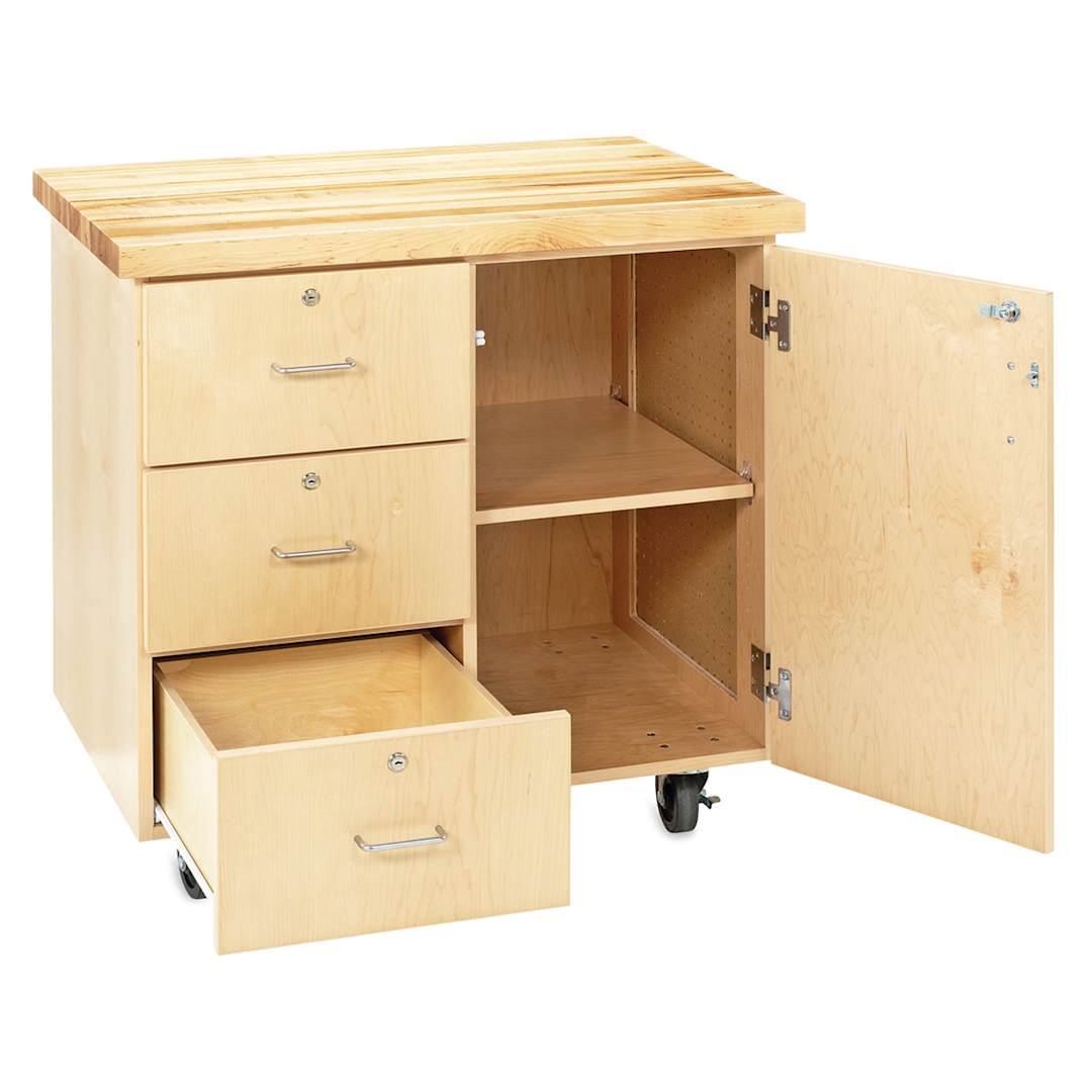Open in modal - Diversified Spaces Mobile Storage Cabinet - Angled view of Maple top  with open drawer, door