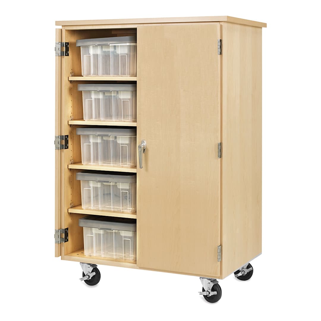 Open in modal - Robotics Tote Storage Cabinets - Angled view of cabinet with one door open, Totes not included
