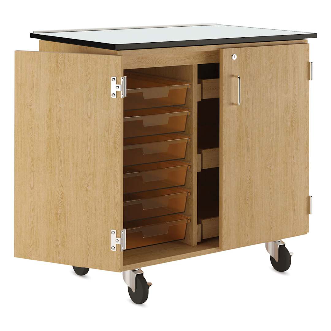 Open in modal - Diversified Spaces Write-n-Roll Cabinet - Oak/Carrot (Side view, Cabinet open)