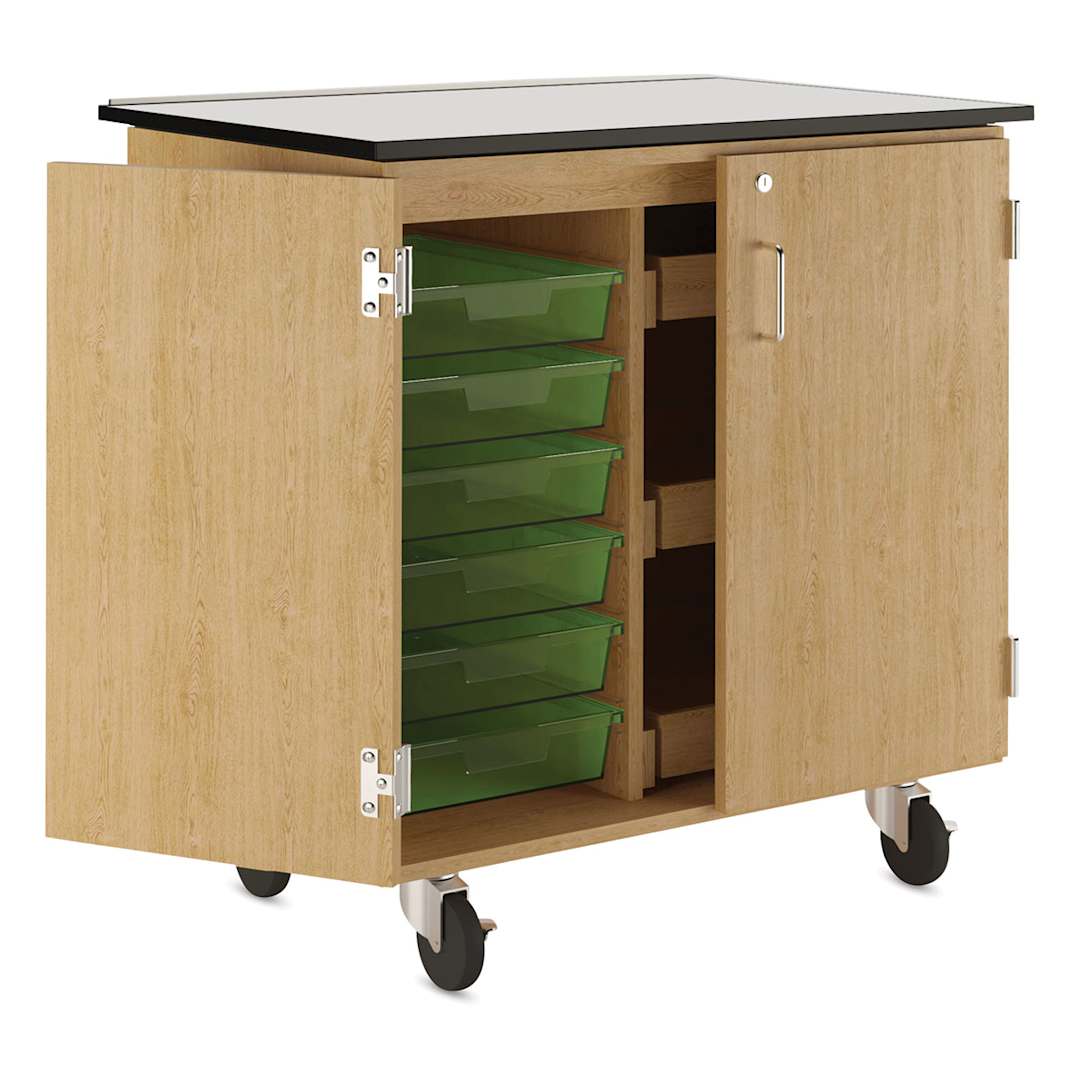 Open in modal - Diversified Spaces Write-n-Roll Cabinet - Oak/Lime (Side view, Cabinet open)