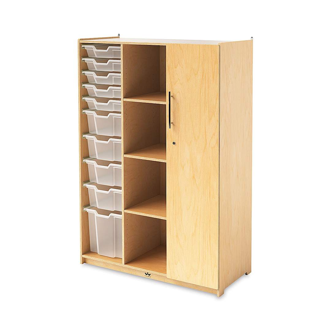 Open in modal - Whitney Brothers Teachers Wardrobe - Right angle with door closed showing Trays