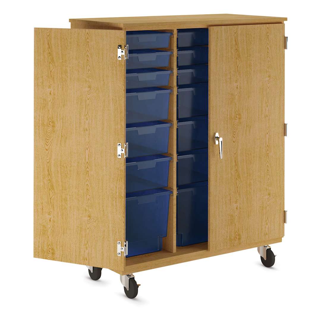Open in modal - Diversified Spaces Mobile Tote and More Storage Cabinet with Locking Doors - Oak with Royal Totes