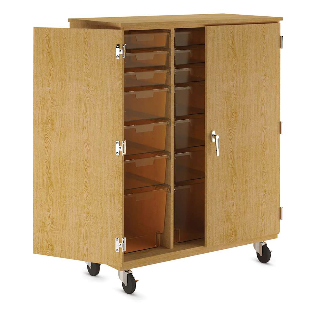 Open in modal - Diversified Spaces Mobile Tote and More Storage Cabinet with Locking Doors - Oak with Carrot Totes