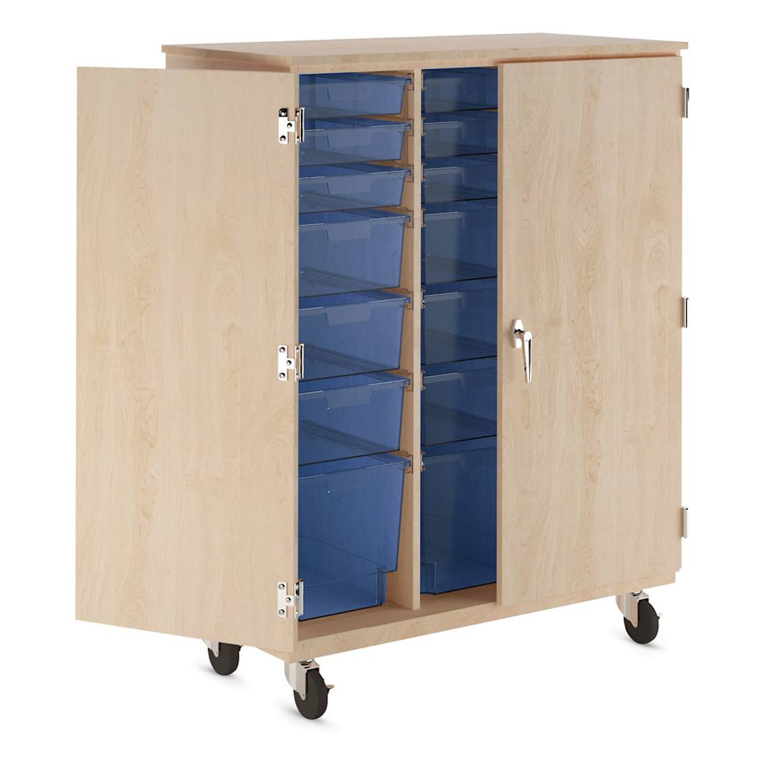 Open in modal - Diversified Spaces Mobile Tote and More Storage Cabinet with Locking Doors - Maple with Royal Totes