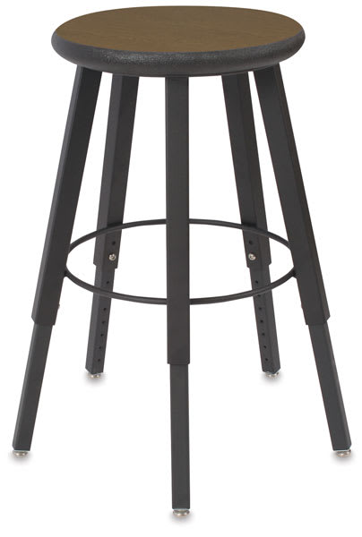Open in modal - Solid Welded Stool - Front view of 5 legged stool with Bannister Oak seat and adjustable legs 