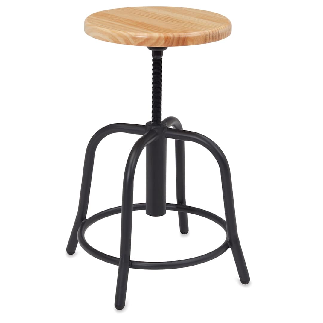Open in modal - National Public Seating Designer Swivel Stool - Black frame showing footring and Wooden seat
