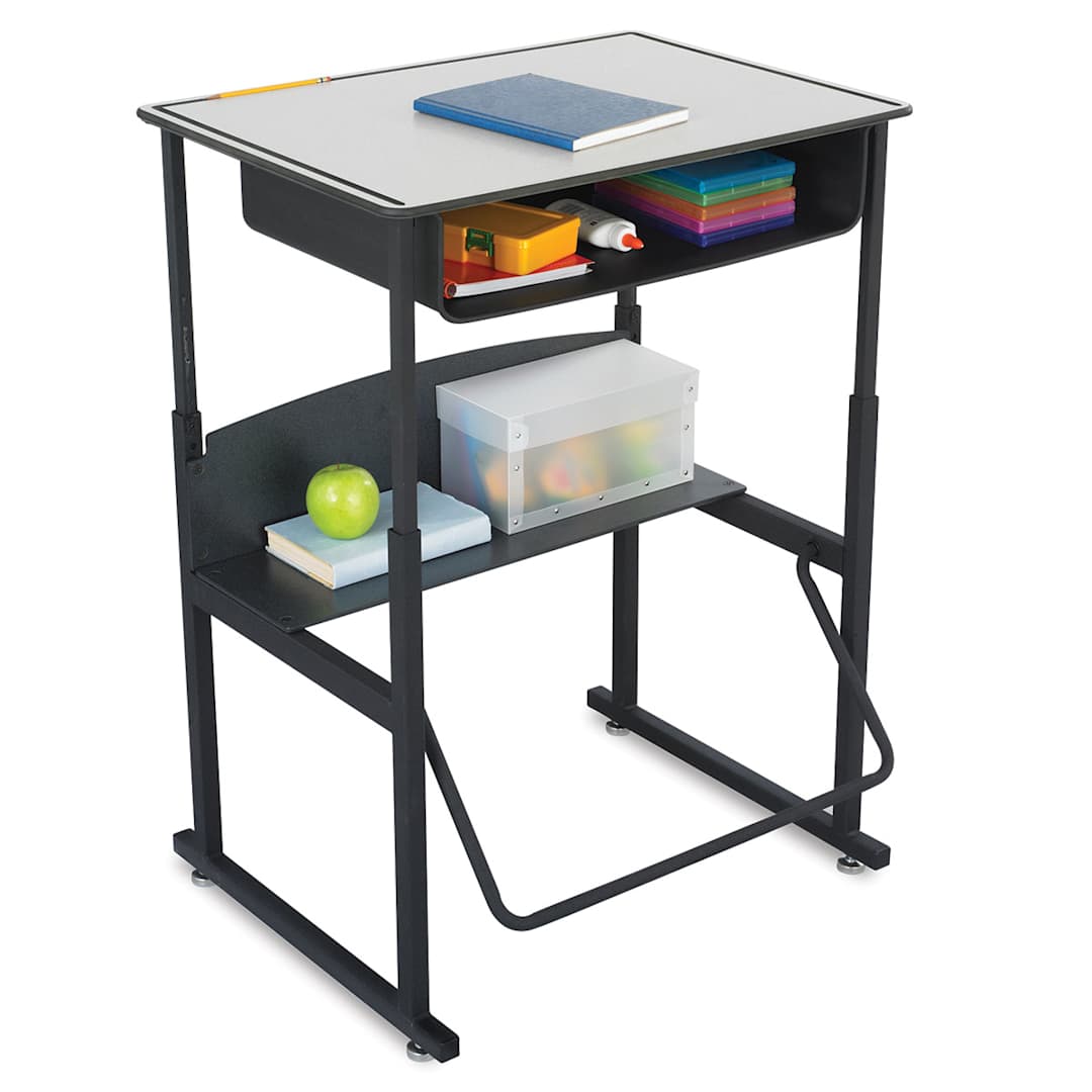 Open in modal - Safco AlphaBetter Stand-Up Desks - Desk showing Gray Premium Top with Book Box Storage below