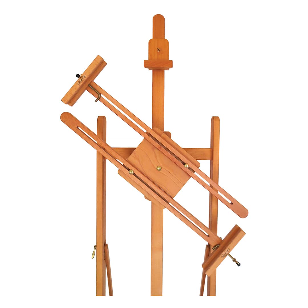 Open in modal - Mabef Revolving Easel Attachment - Mounted on easel and rotated to 45 degree angle
