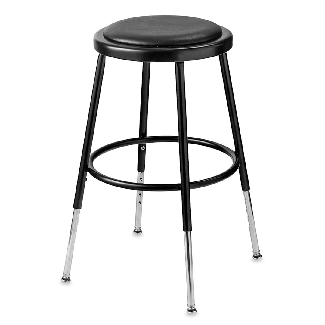 Open in modal - Adjustable Padded Stool - Front view of black padded stool showing adjustable legs
