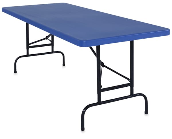 Open in modal - Adjustable Height Folding Table - Right angled view of  Blue Table