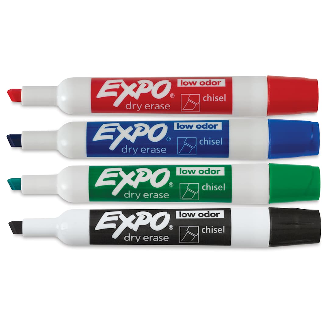 Open in modal - Expo Dry Erase Low Odor Markers - Chisel Tip, Assorted, Boxed Set of 4 (set contents with caps off)