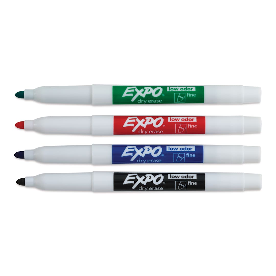 Open in modal - Expo Dry Erase Low Odor Markers - Fine Tip, Assorted Colors, Set of 4 (set contents with caps off)