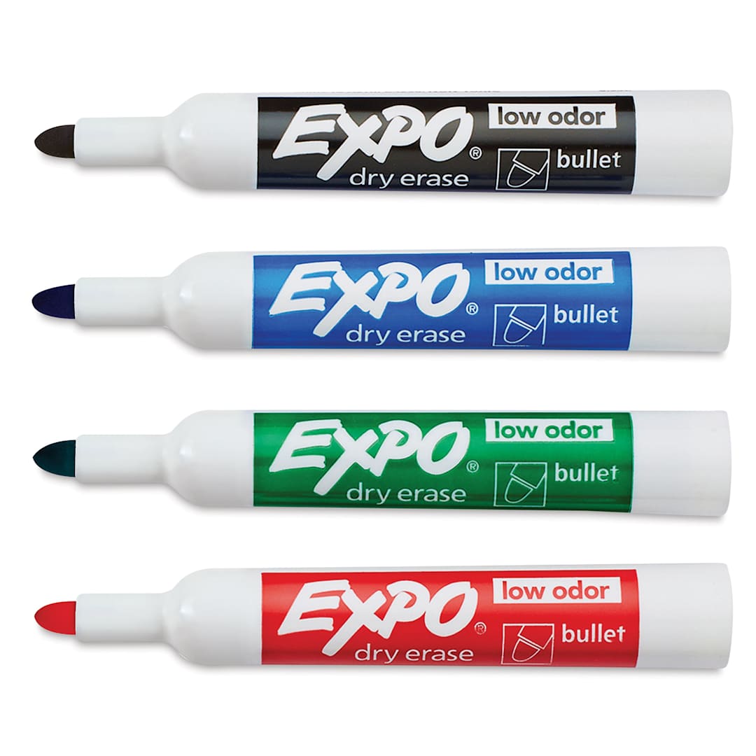 Open in modal - Expo Dry Erase Low Odor Markers - Bullet Tip, Assorted Colors, Set of 4 (contents with caps off)