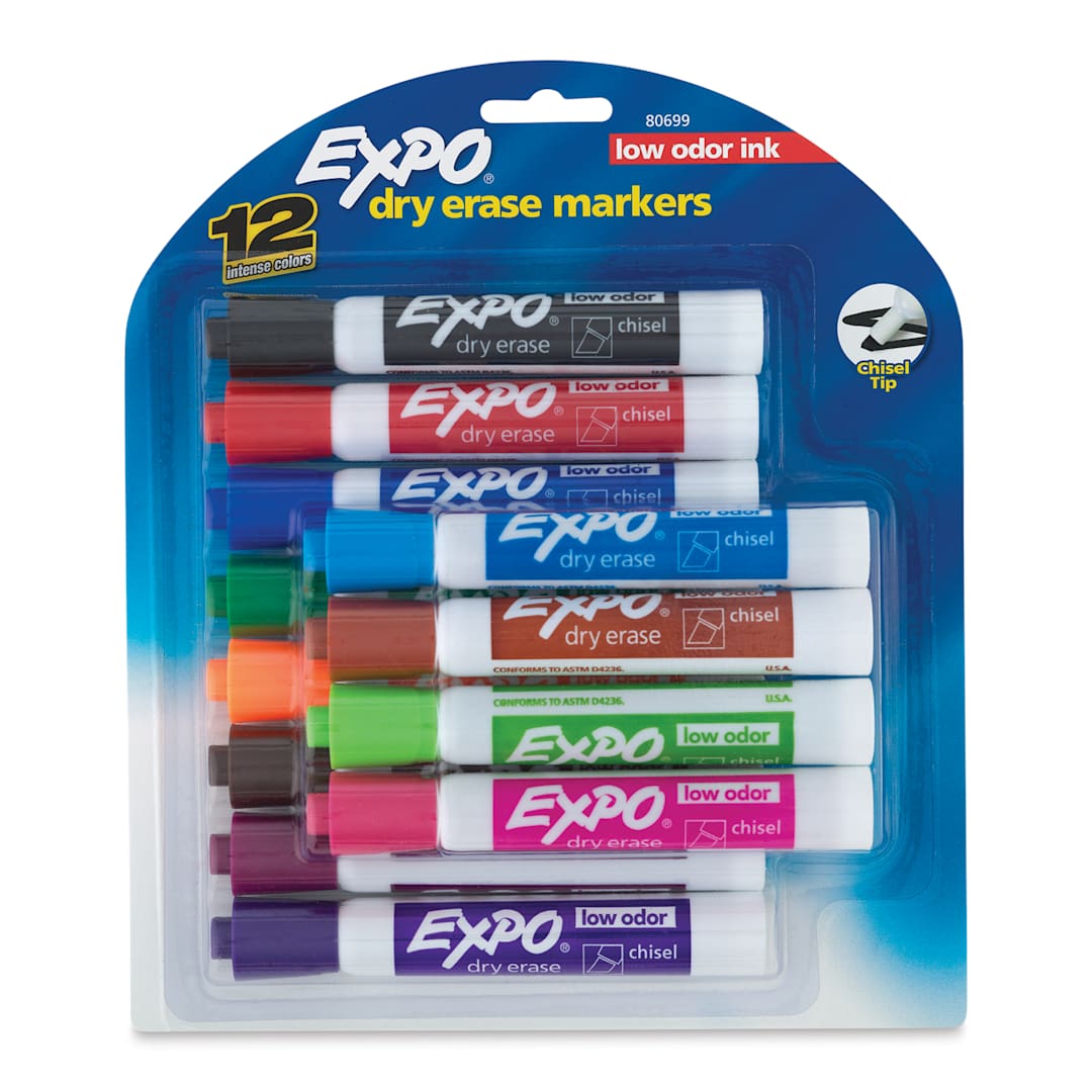 Open in modal - Expo Dry Erase Low Odor Markers - Chisel Tip, Assorted Colors, Set of 12 (front of package)