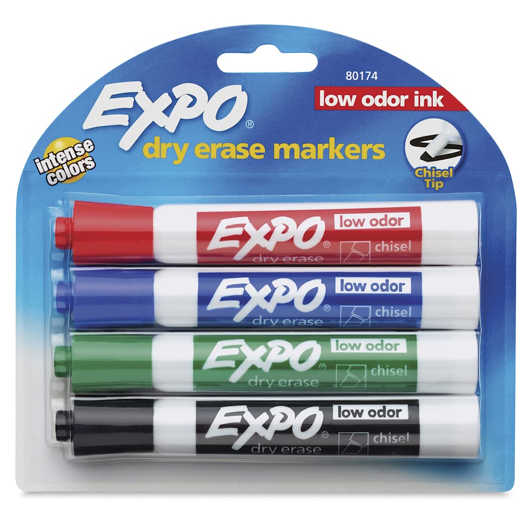 Open in modal - Expo Dry Erase Low Odor Markers - Chisel Tip, Assorted Colors, Set of 4, front of the packaging