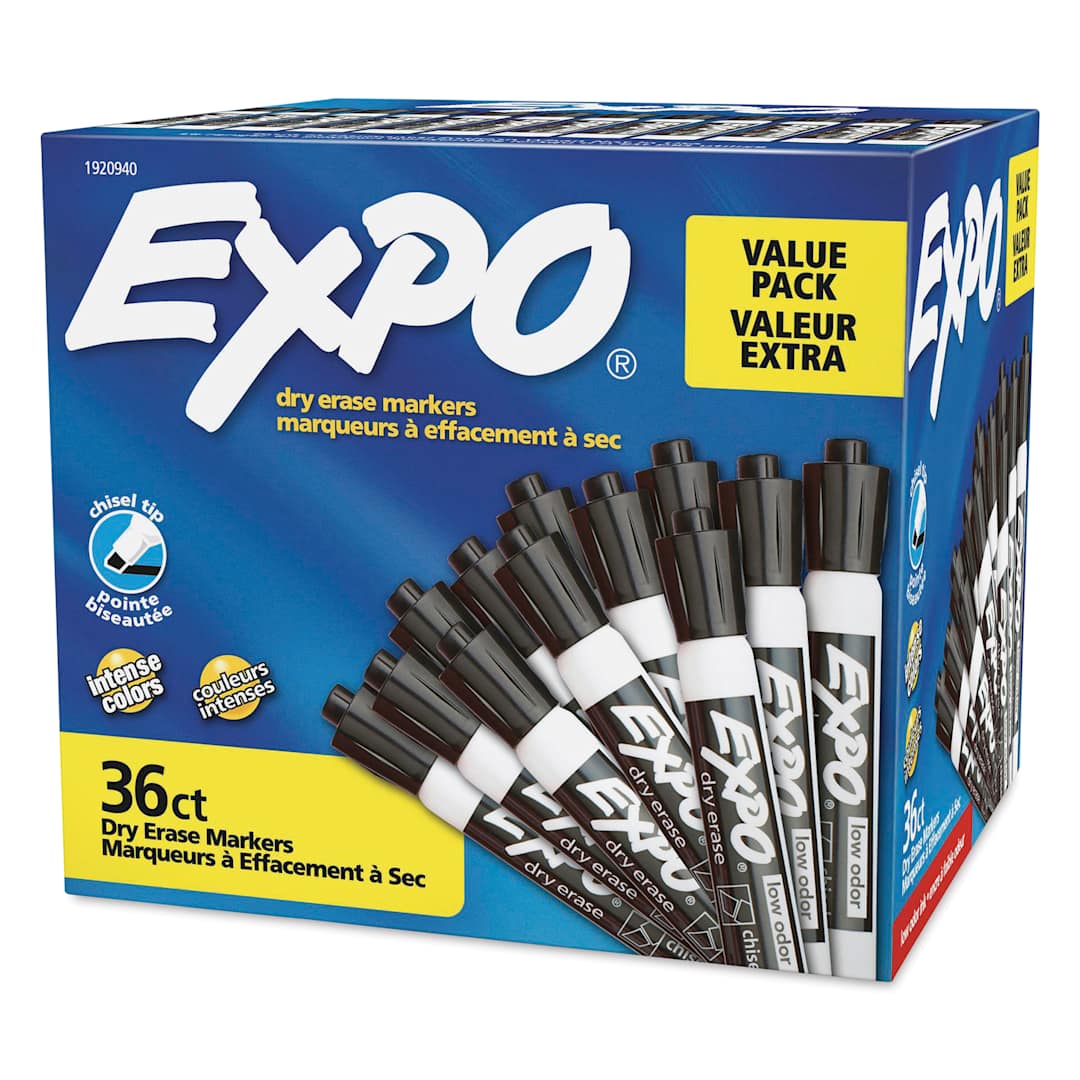 Open in modal - Expo Dry Erase Low Odor Markers - Chisel Tip, Black, Set of 36, front of the packaging