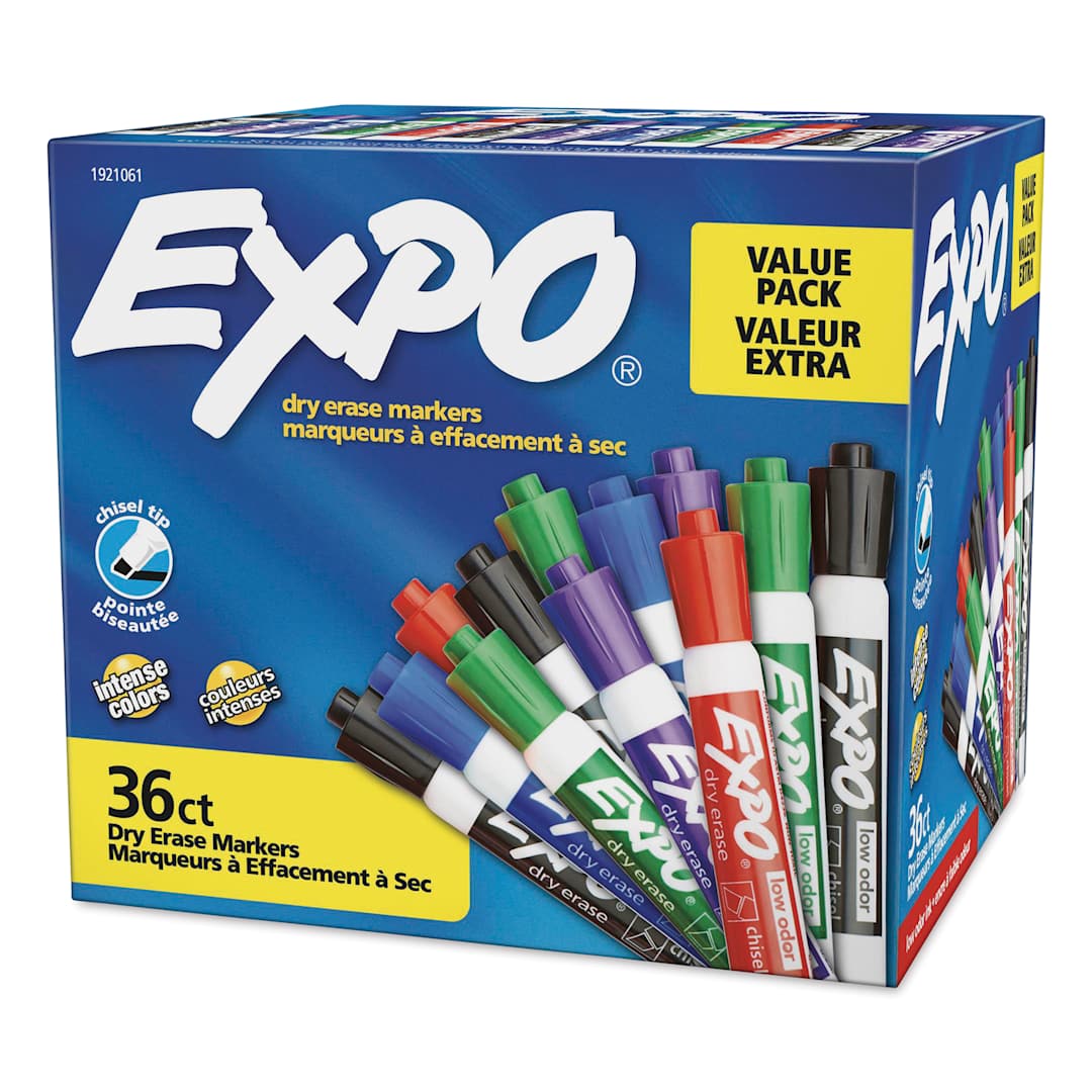 Open in modal - Expo Dry Erase Low Odor Markers - Chisel Tip, Assorted Colors, Set of 36, front of the packaging