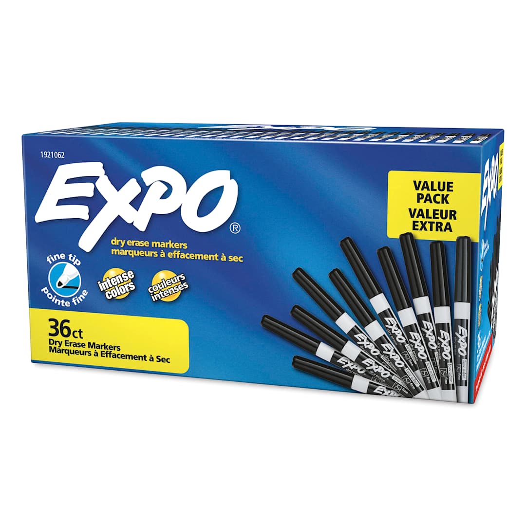 Open in modal - Expo Dry Erase Low Odor Markers - Fine Tip, Black, Set of 36, front of the packaging