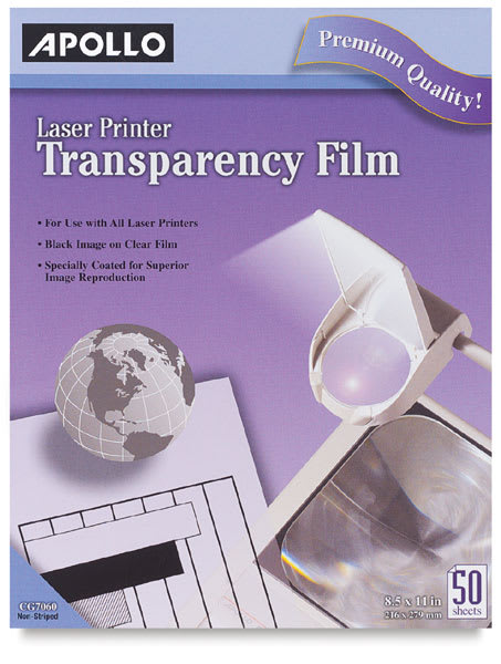 Open in modal - Apollo Transparency Film - Front of Laser Printer Transparency Film package shown