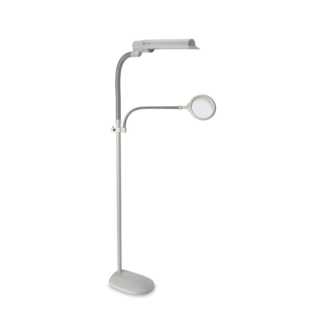 Open in modal - OttLite EasyView Floor Lamp - Side view showing lamp with shade and attached Magnifier