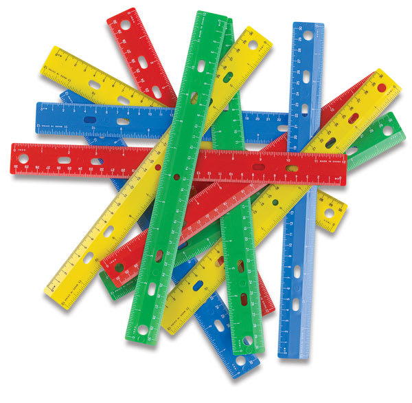 Open in modal - Bargain Elementary Plastic Rulers - Pkg of 12 Multicolored rulers shown piled randomly