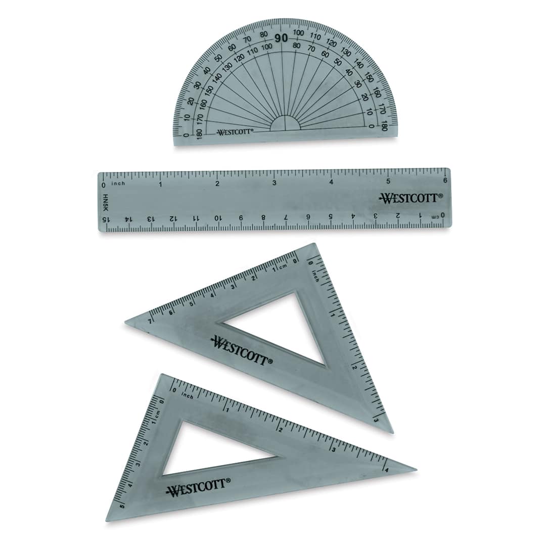 Open in modal - Westcott Combo Set - Components of set shown, 2 Triangles, Protractor and 6" Ruler