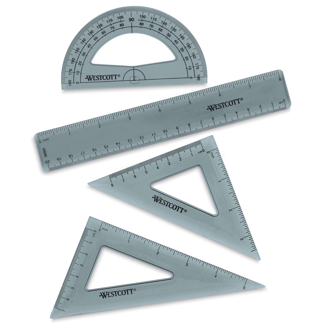 Open in modal - Westcott Combo Set - Components of set shown, 2 Triangles, Protractor and 8" Ruler