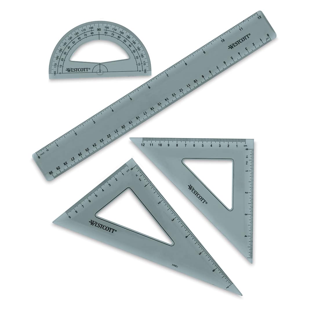 Open in modal - Westcott Combo Set - Components of set shown, 2 Triangles, Protractor and 12" Ruler