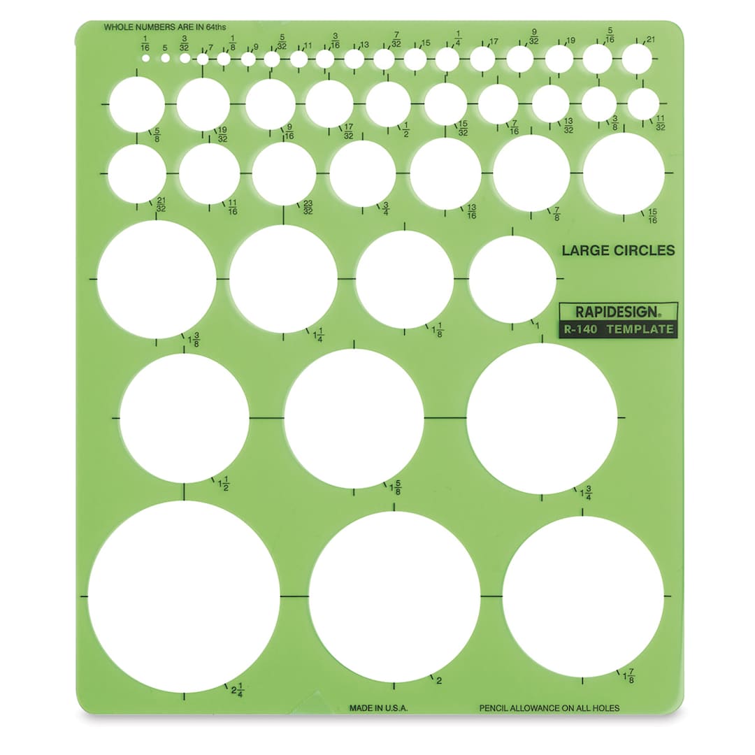 Open in modal - Chartpak Rapidesign Large Circle Template - Top view showing various sizes of circles on Template
