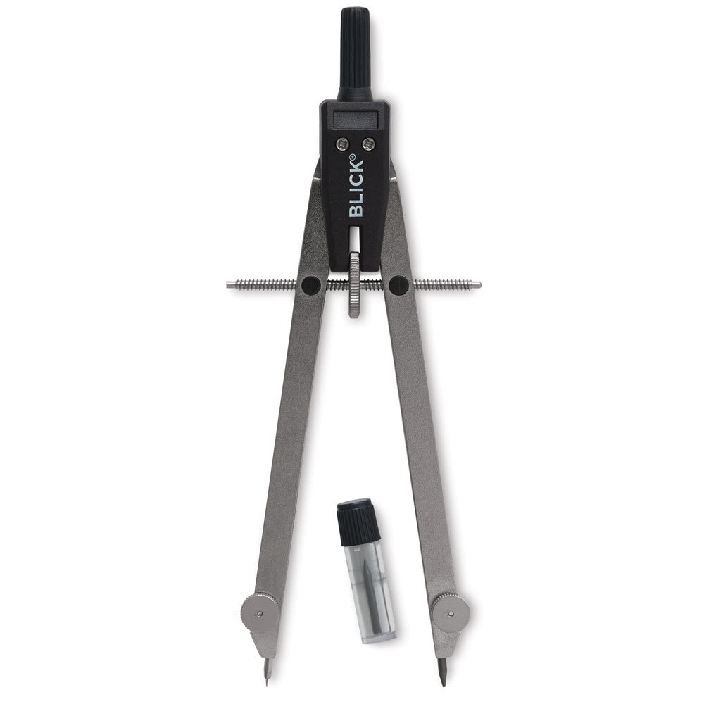 Open in modal - Blick Large Spring Bow Compass - Top view of compass open slightly with extra lead case adjacent
