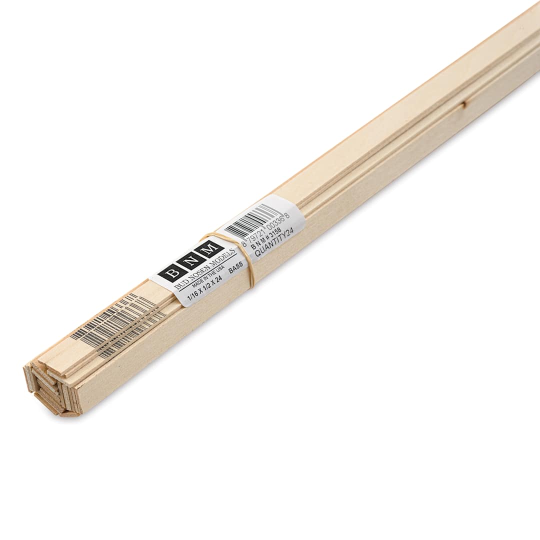 Open in modal - Bud Nosen Basswood Sticks - 1/16" x 1/2" x 24", 24 Sticks - close-up