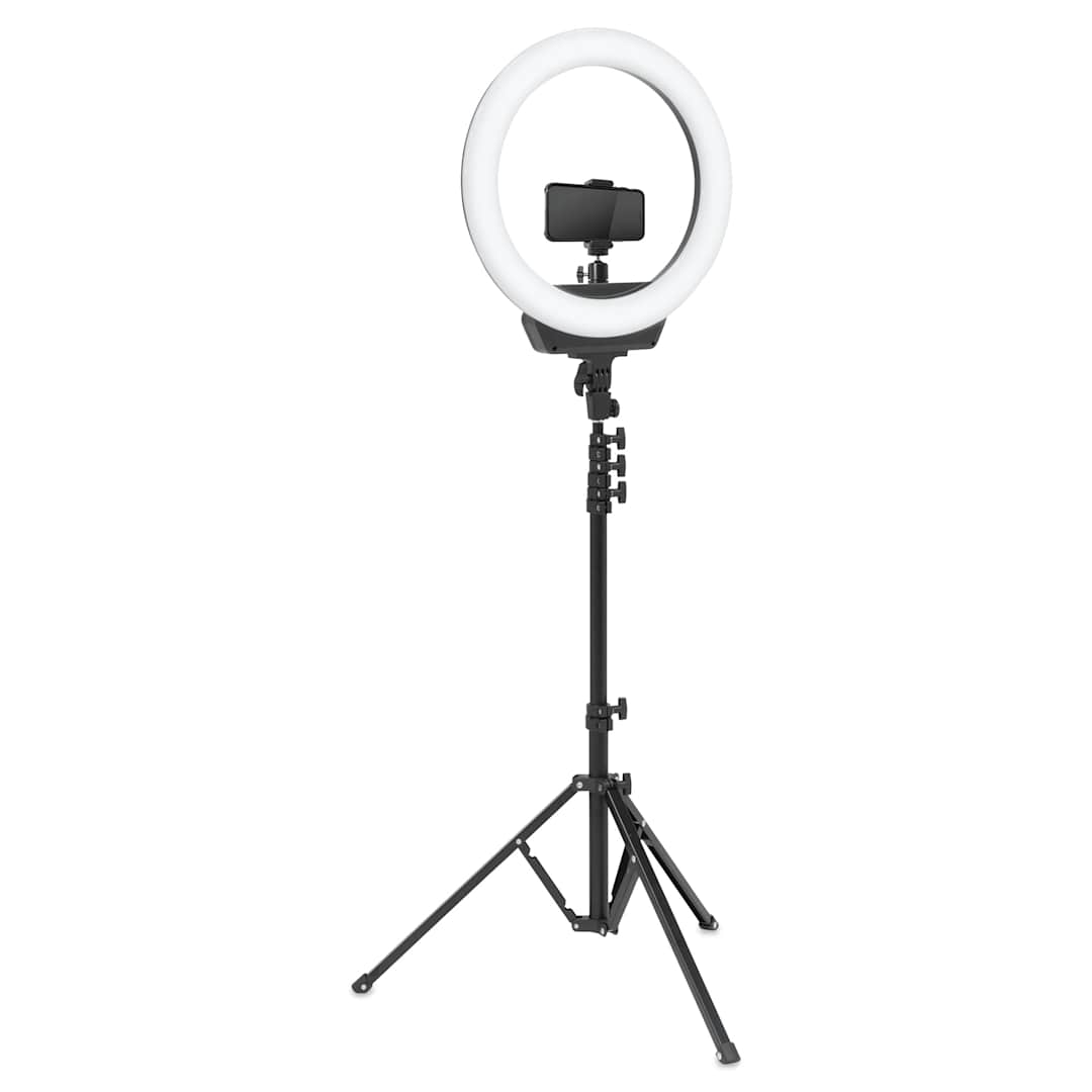 Open in modal - Artograph Ring Light with Floor Stand - 16" Diameter, front view with attached holder. 