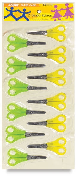 Open in modal - Snippy Scissors - Top view of package of 12 Yellow and Green Blunt Scissors
