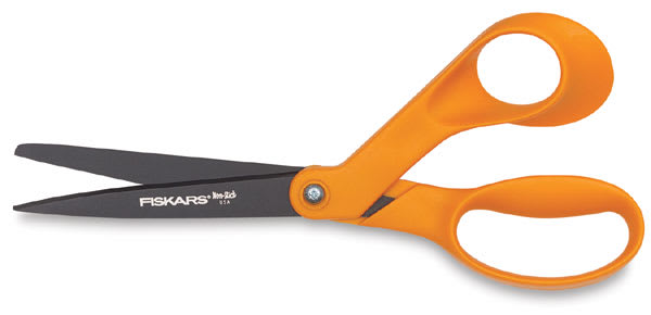 Open in modal - Fiskars Non-Stick Scissors - shown horizontally and slightly open to show non-stick blade 