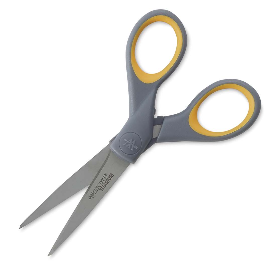 Open in modal - Westcott Titanium Bonded Scissors - Angled view of 5" scissors open showing blades