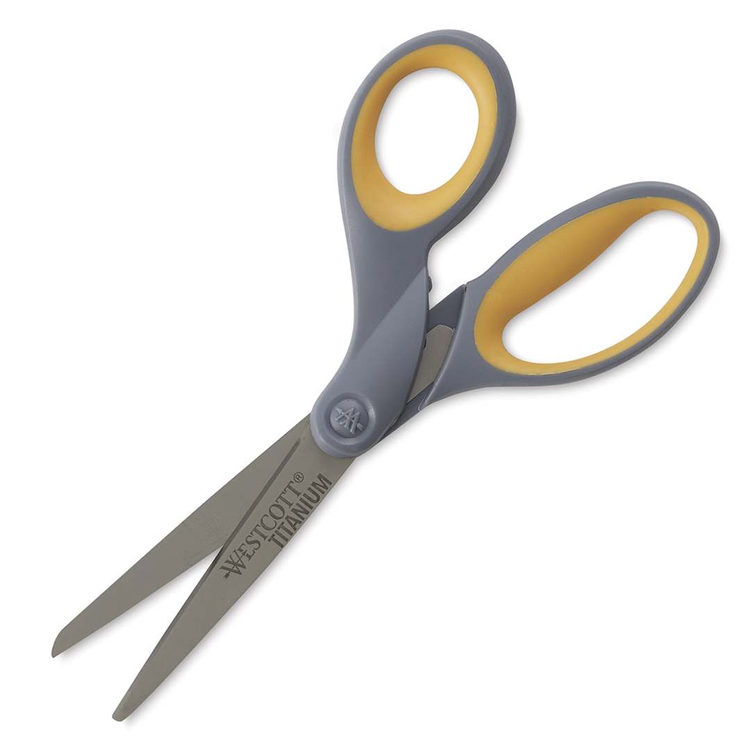 Open in modal - Westcott Titanium Bonded Scissors - Angled view of 7" scissors open showing blades