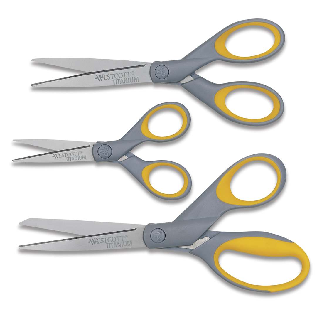 Open in modal - Westcott Titanium Bonded Scissors - Three scissors shown horizontally with blades slightly open