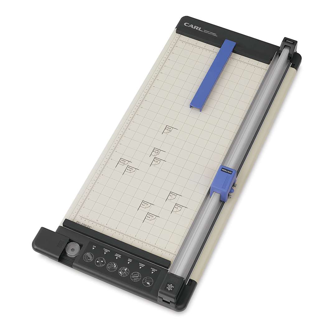 Open in modal - Carl Heavy-Duty Rotary Trimmer - Angled view of Trimmer showing paper gauge and cutting blade
