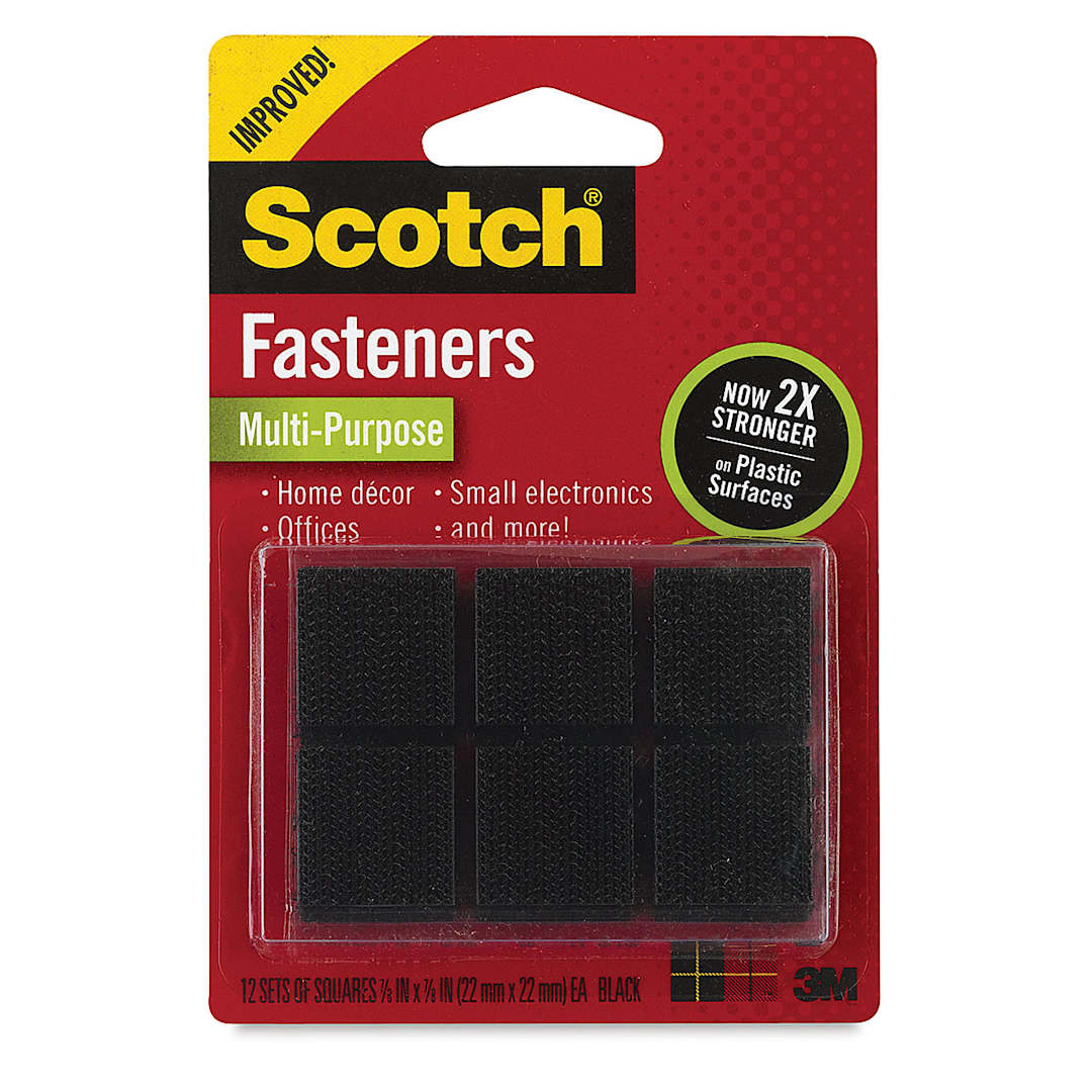Open in modal - Scotch Reclosable Fasteners - Front of blister package of 12 7/8" square fasteners