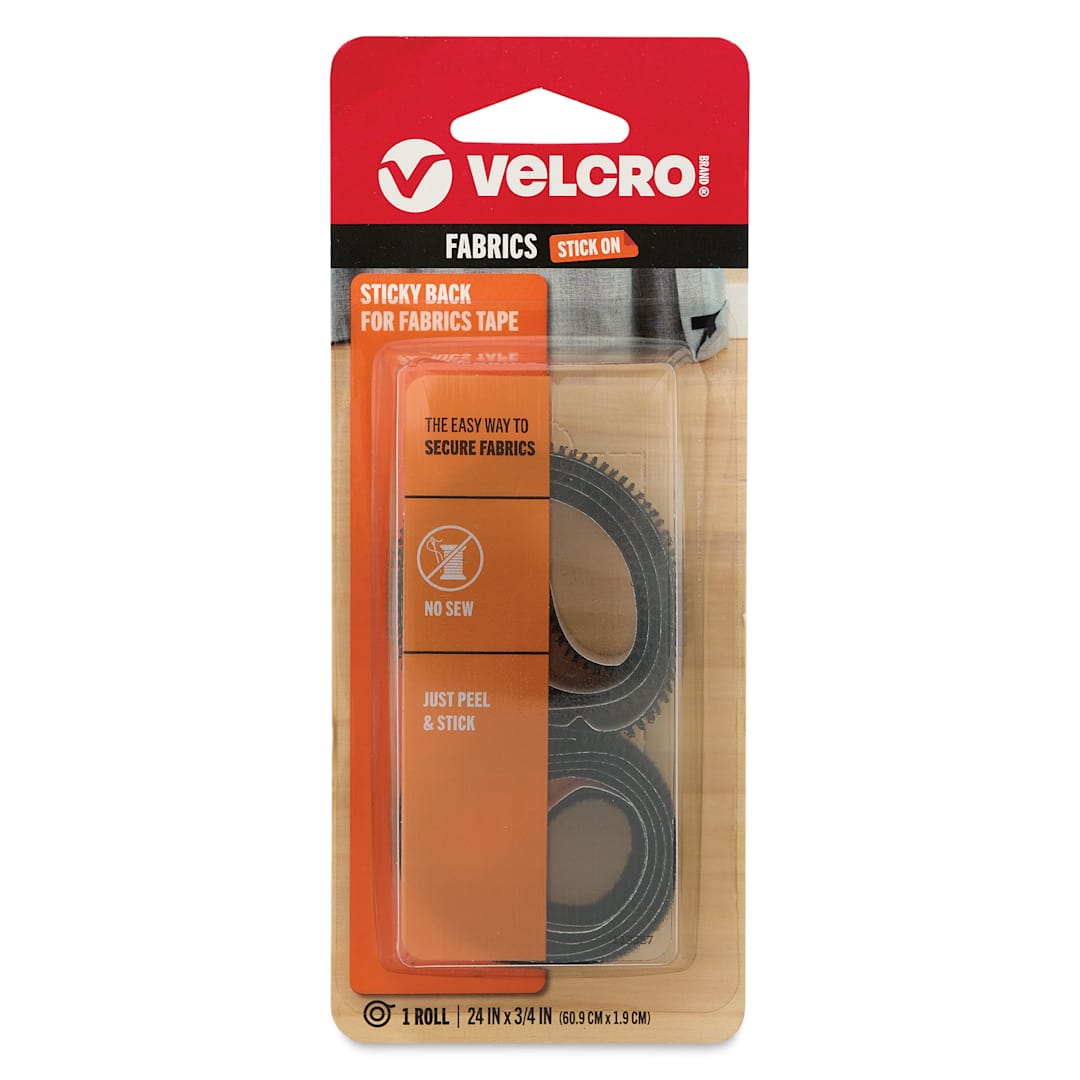 Open in modal - Velcro Brand Sticky Back for Fabrics Tape - Black, 3/4" x 24", Rolls front of packaging